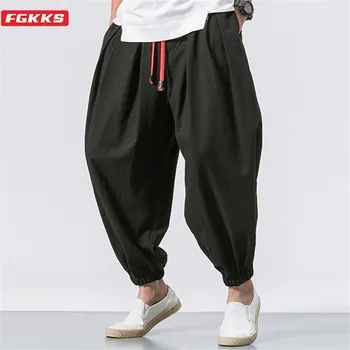 FGKKS nouveau surdimensionné hommes sarouel ample automne chinois lin surpoids pantalons de survêtement de haute qualité décontracté marque pantalon mâle