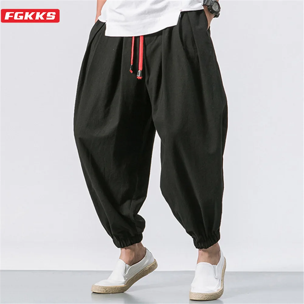 FGKKS جديد كبير الحجم الرجال فضفاض سراويلي حريمي الخريف الكتان الصيني زيادة الوزن Sweatpants عالية الجودة ماركة غير رسمية بنطلون الذكور
