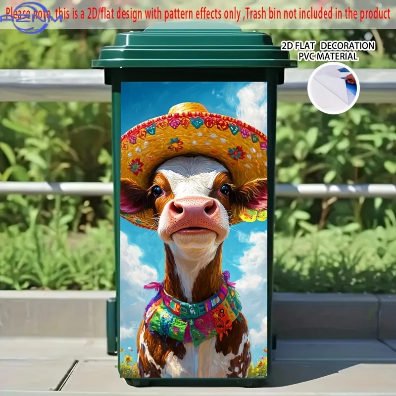 1pc 2D FLAT Self-Adhesive Dustbin Stickers, .01×cm, Spotted Cow with Big Straw Hat, 2D FLAT Dustbin Stickers for Dustbins, Wal