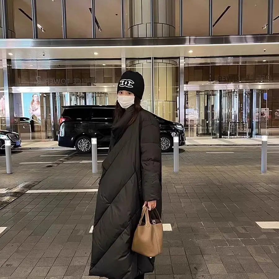 黒キルティングダウンコート女性の冬の韓国スタイルルーズロング肥厚小型スタンドカラー 90 ホワイトダックダウン