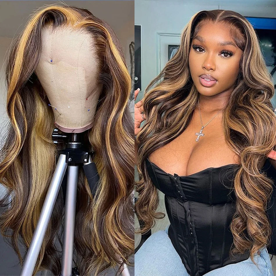 Perruque Lace Front Wig naturelle ombrée, Body Wave, 13x4, pre-plucked, avec baby hair, transparente, à reflets