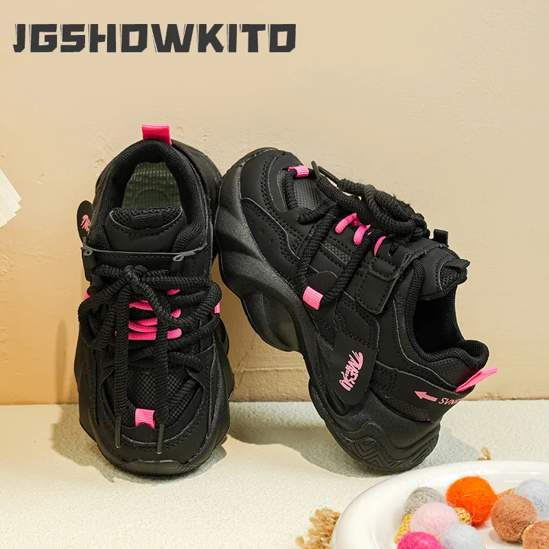 JGSHOWKITO Kids Casual Shoes for Boys Girls Black Children Sports Running Sneakers Lace-up Non-slip Breathable Spring Autumn New