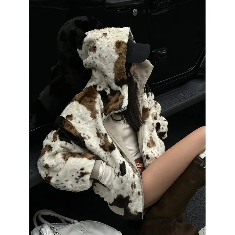 Double-Sided Cow Pattern Patchwork Furry Thick Coat for Women Autumn and Winter Vintage Furry Top