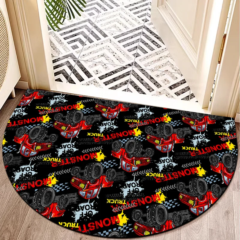 

Cool Red Monster Trucks Cars Half Round Door Mat Non Slip Indoor Outdoor Entrance Rug Durable Waterproof