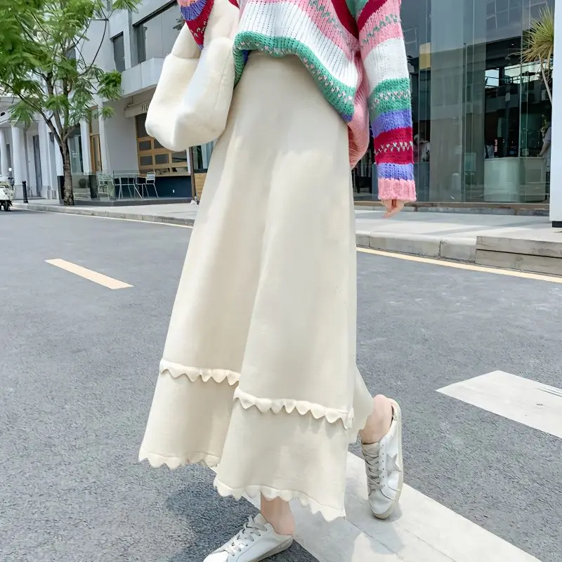 

A-line High Waist Women Skirts Solid Color Lace Slim Office Lady Knitted Skirts Korean Style Versatile Basic Daily Skirts Female