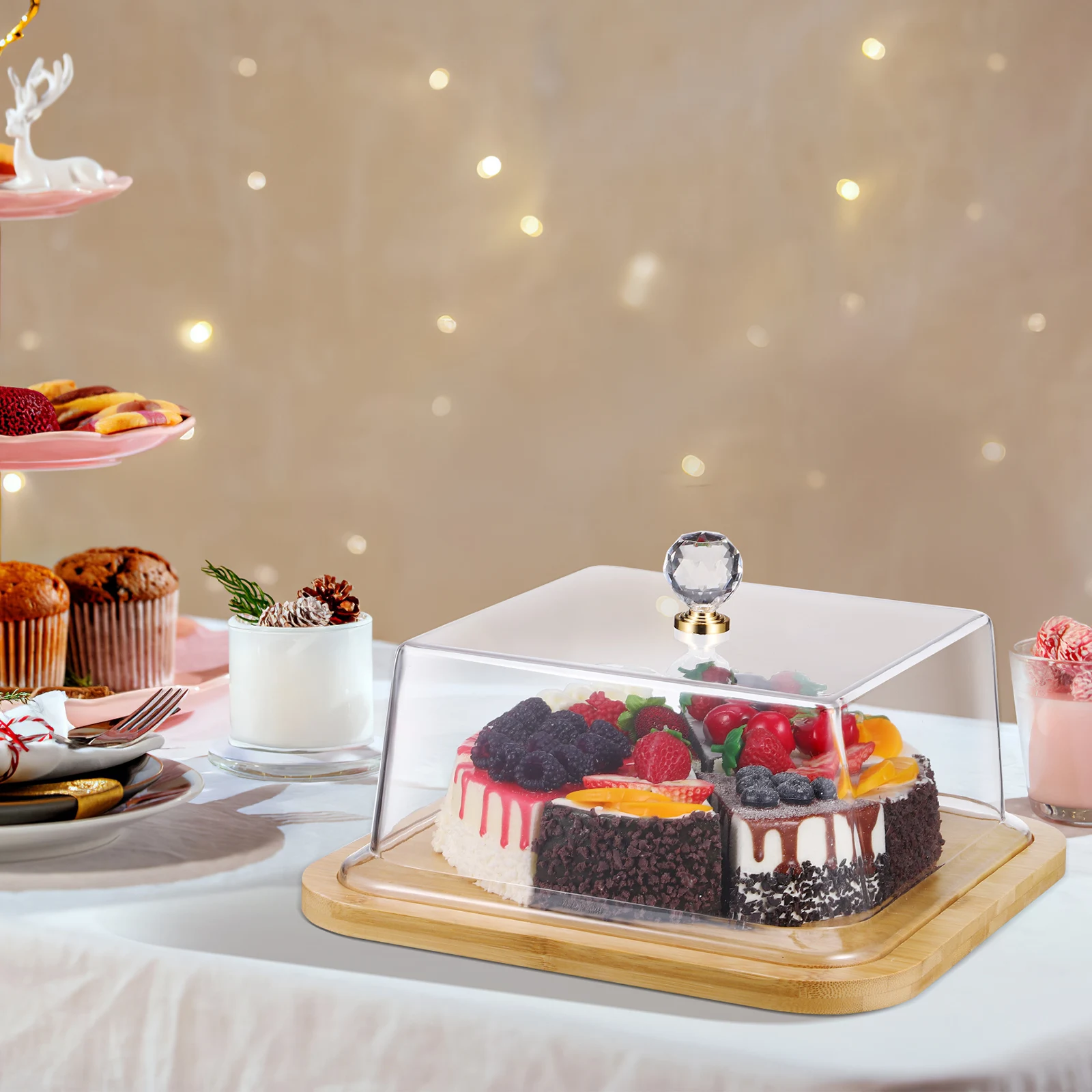

Bread Tasting Plate Covered Cake Stand Acrylic Lid Tray Serving Display Dry Fruit Pastry Christmas Square Wood Base Practical