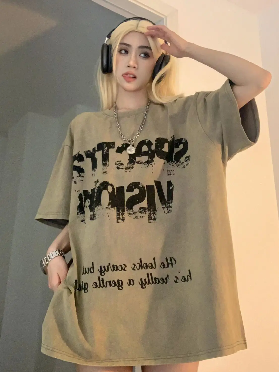 Pure cotton American retro street style Hong Kong style funny letter printed couple T-shirt summer oversize casual loose top emo