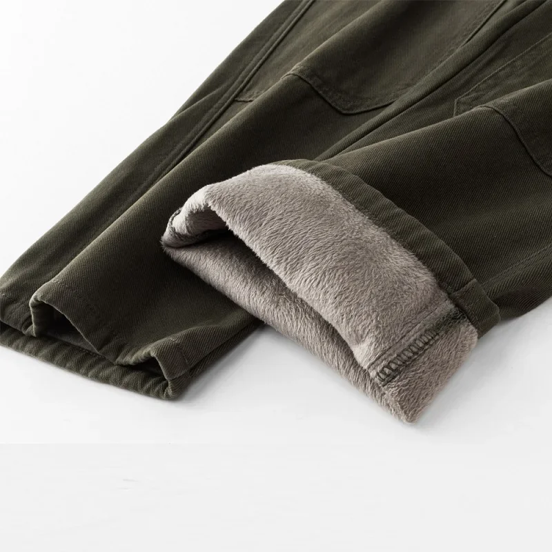 2024 New Men Pant Casual Straight Wide Leg Cargo Trouser Male Winter Fleece Lined Warm Cotton Loose Style Carpenter Streetwear