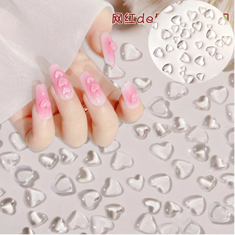 100-400pcs 3D Transparent Love Heart Charms for Nail Art Decoration, Clear Resin Nail Charms with Rhinestone for Manicure Access
