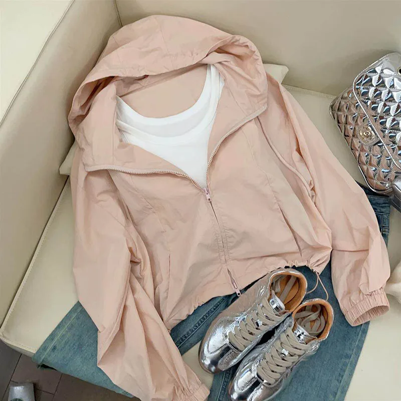 2026 Sommer Neue Sonnenschutzjacke Locker Lässige Oberbekleidung Modischer Koreanischer Stil Kapuzen-Crop-Jacke Leichte Basic-Oberbekleidung