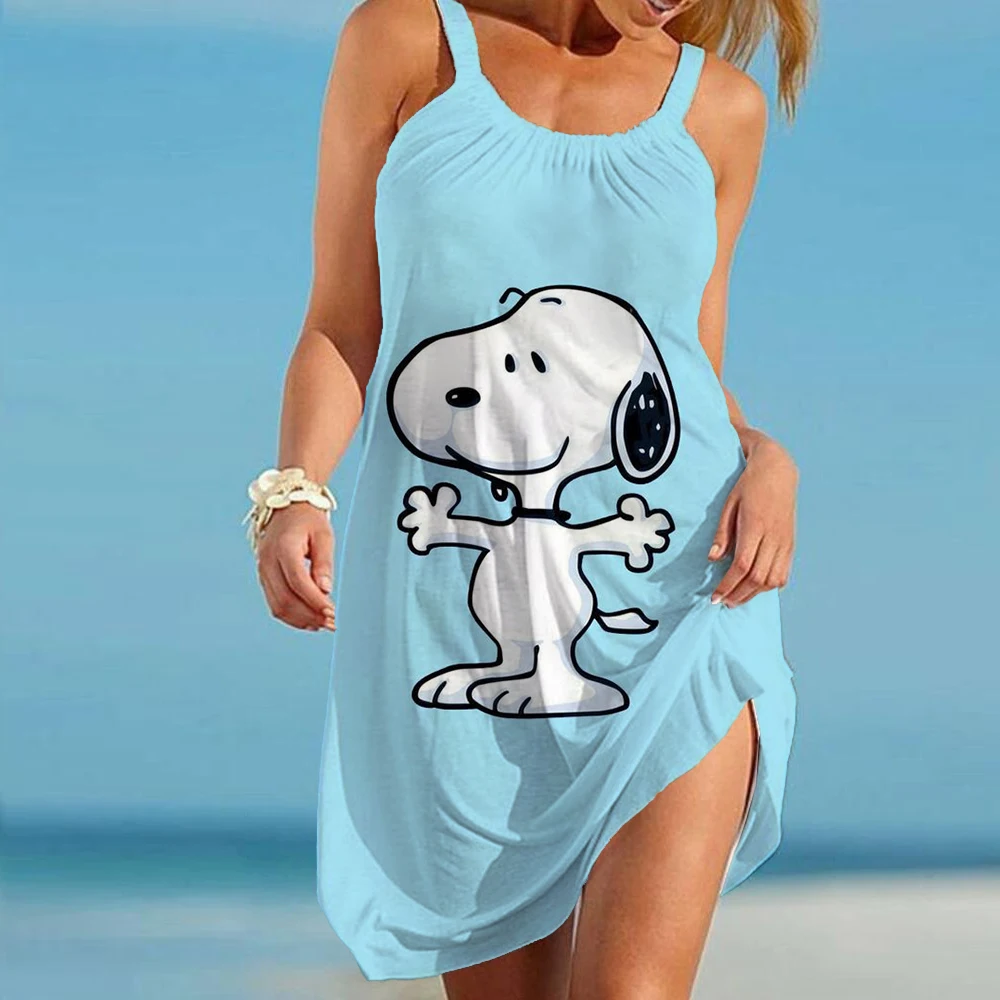 

Summer Women's Snoopy print Slip Dress Korean Lady Casual Beach Dresses Daily Loose Soft Top Woman Cool Sleeveless Seaside Wear