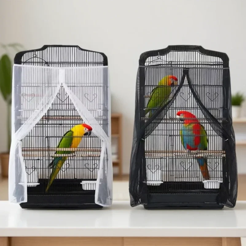 Zippered Parrot Cage Mesh Cover Dust Breathable Design for All Cage Shape Reusable Pet Parrot Bird Cage Cover for Home Decor
