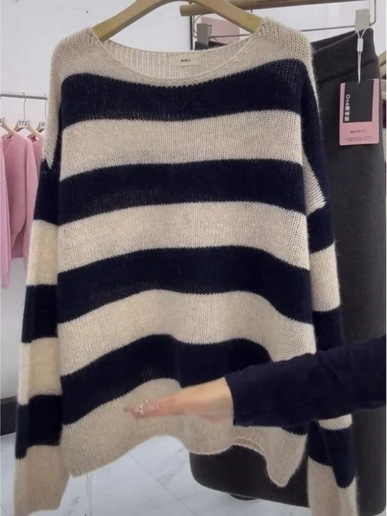 فضفاض المرأة محبوك سترة لينة مريحة Camere مخطط الأعلى الكورية Sle كسول Faion الخريف الشتاء فضفاضة سترة مريحة