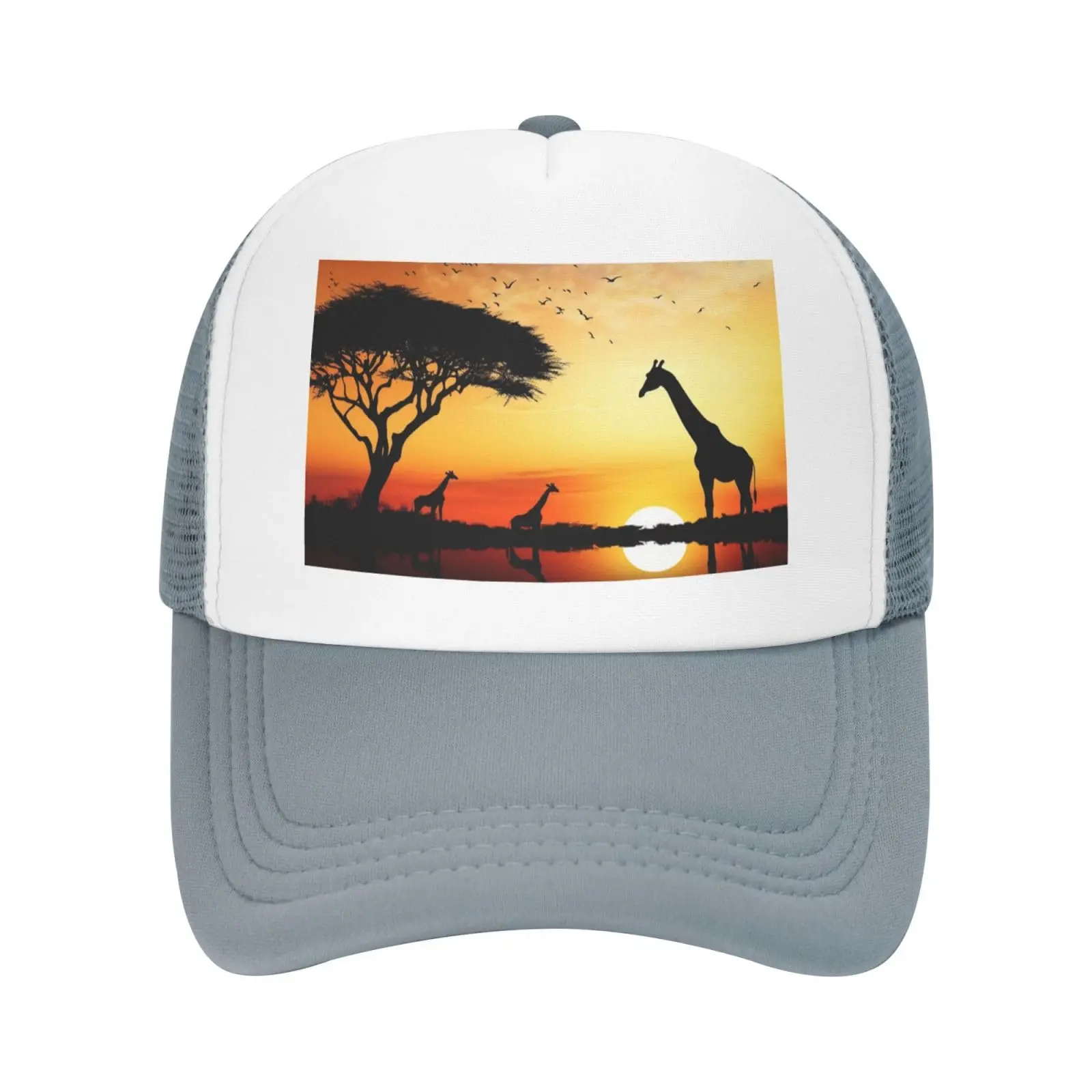 Giraffe Sunset Printed Trucker Hats Baseball Cap Breathable Mesh Hat Adjustable Outdoor Sports Cap Fishing Sunshade Hat