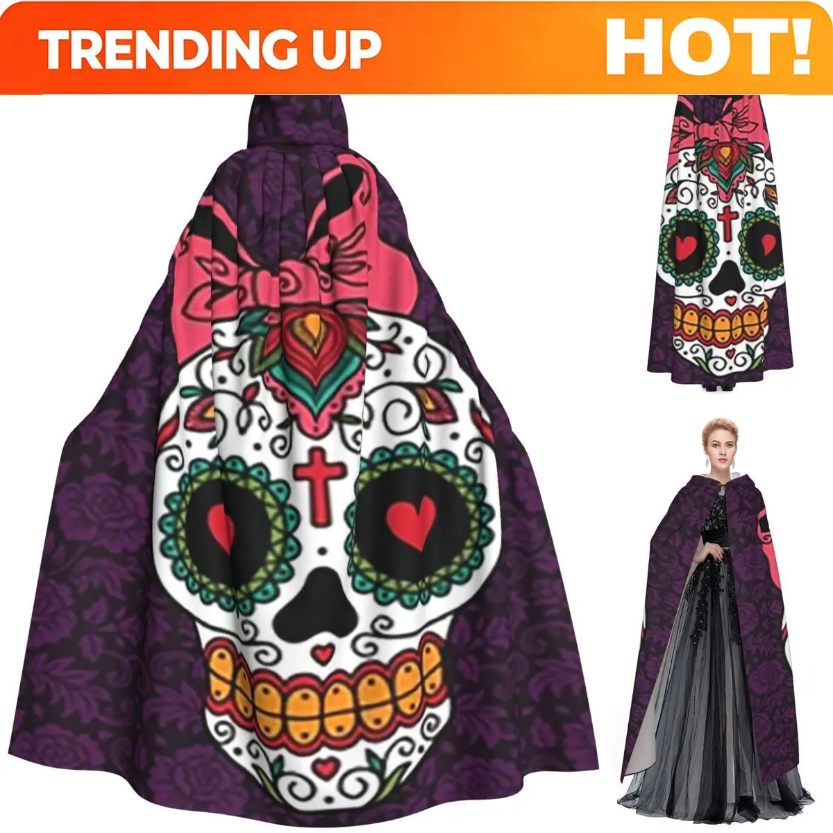 Customization Mexican Skull Woman Long Hooded Cloak Witch Medieval Costume Cosplay Cape HalloweenCoat Adult Unisex