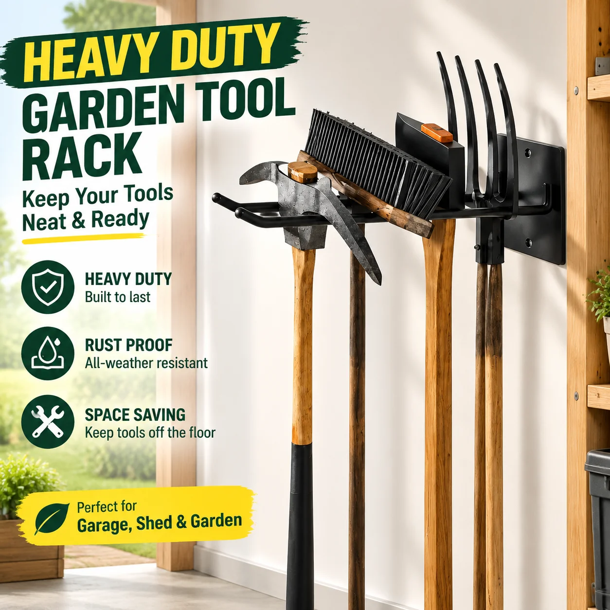 Heavy Duty Wall Mount Garden Tool Rack Shovel Spade Holder Garage Hanging Storage Hook
