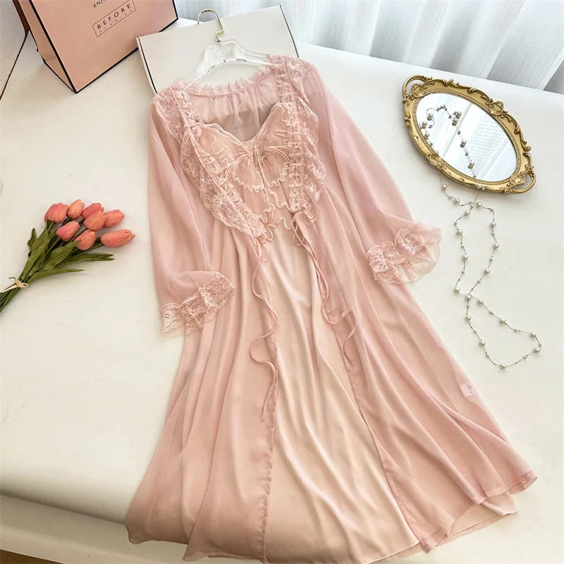 Fairy Princess Style Robe Set Elegant Nightgown Spaghetti Strap Female Stain Sleepwear Mesh Kimono Bathrobe Butterfly Nightdress