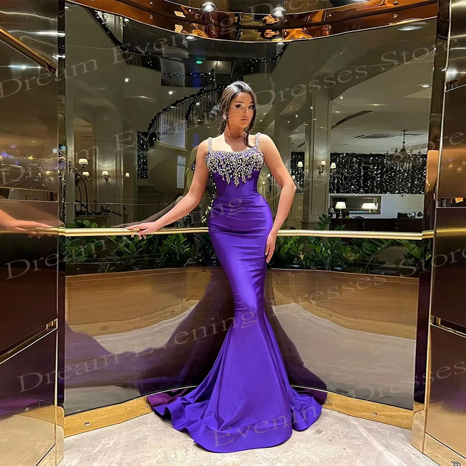 Elegant Classic Purple Women's Mermaid Sexy Evening Dresses Modern Spaghetti Straps Beaded Prom Gowns Sleeveless Robes De Soirée