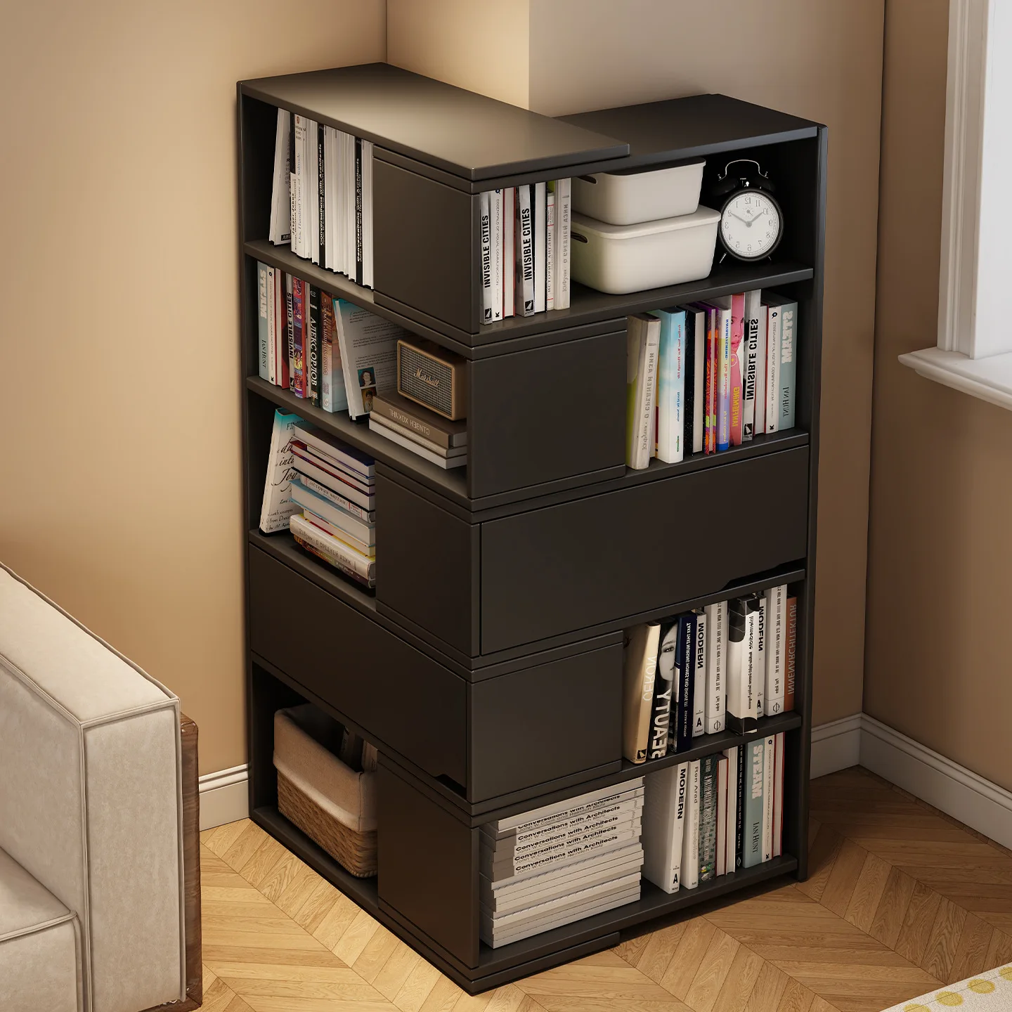 Solid wood corner bookshelf Floor shelf Household storage rack Locker against wall Bookcase Display rack Telescopic cabinet