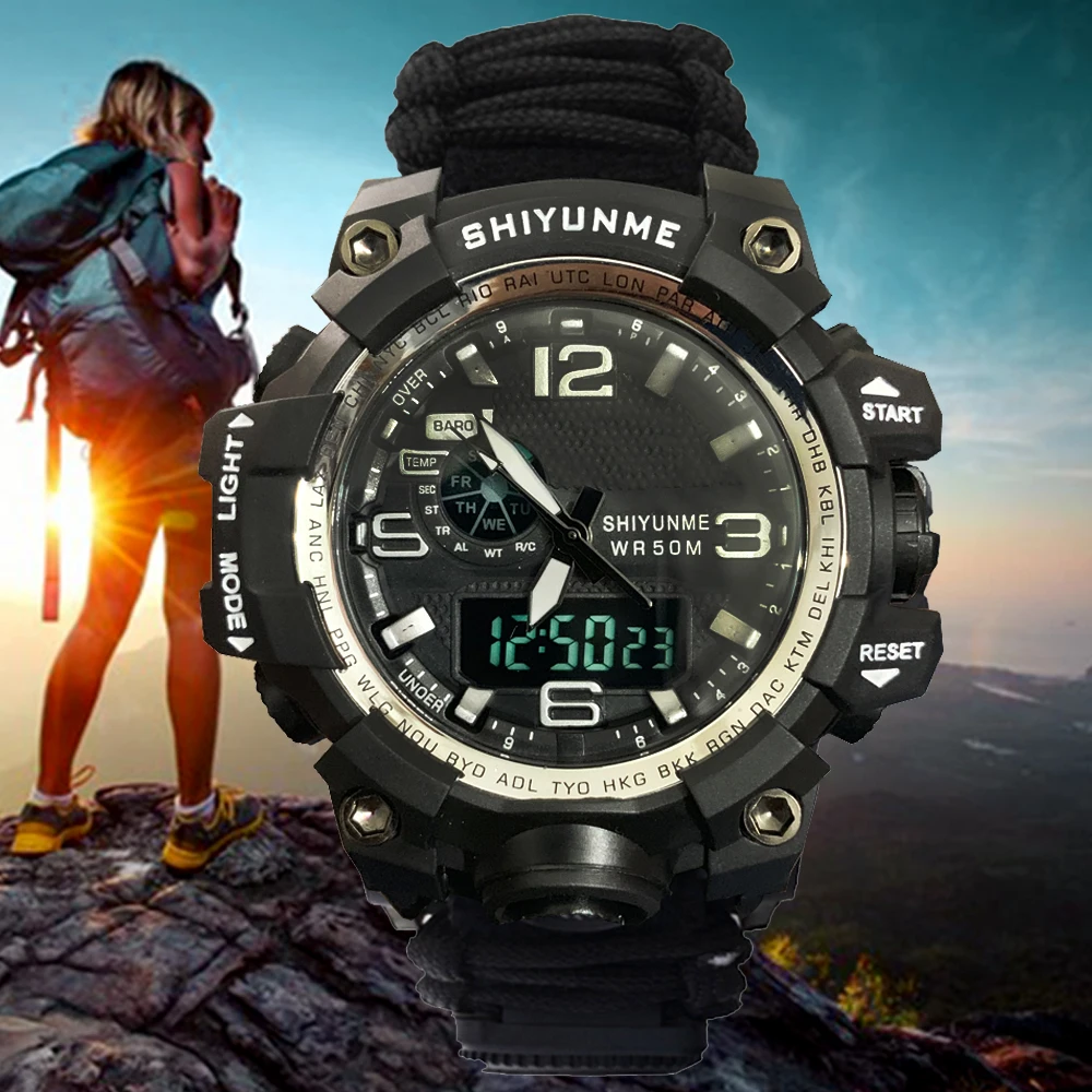 SHIYUNME Outdoor Sports LED Digital Mens Electron Watch Waterproof Compass Whistles Multifunction Double Display Quartz Watches