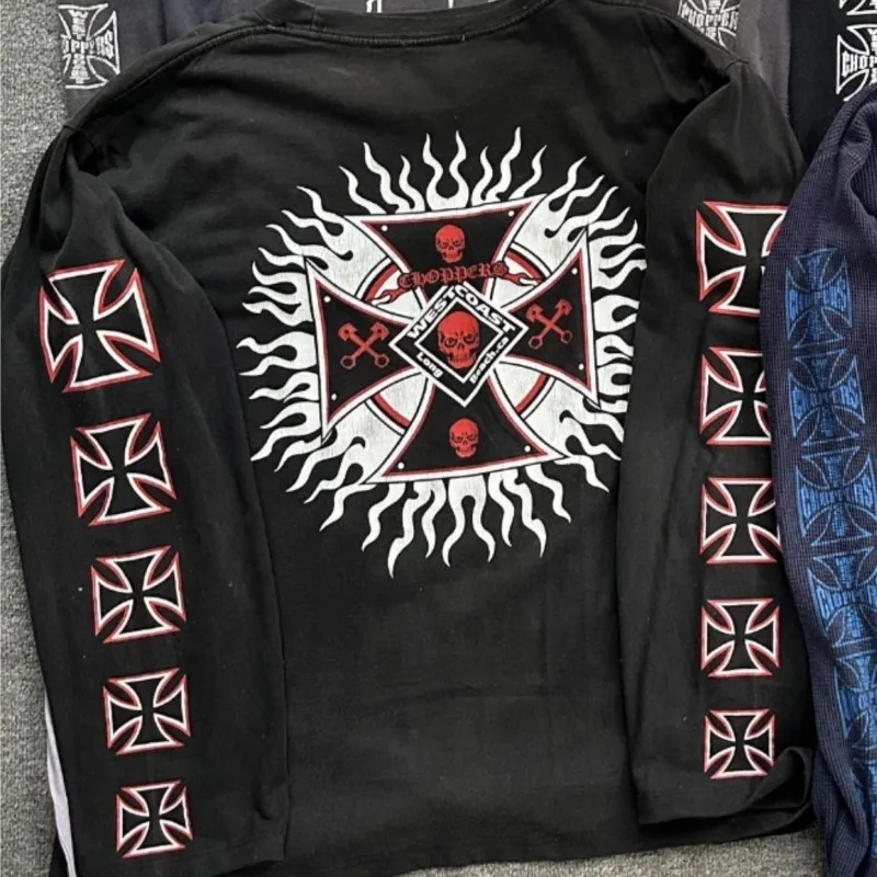 Retro Skull Black Oversize West Coast Choppers Long Sleeve Tshirts Red Cross Print Round Neck Tops Cotton Men Women Streetwear