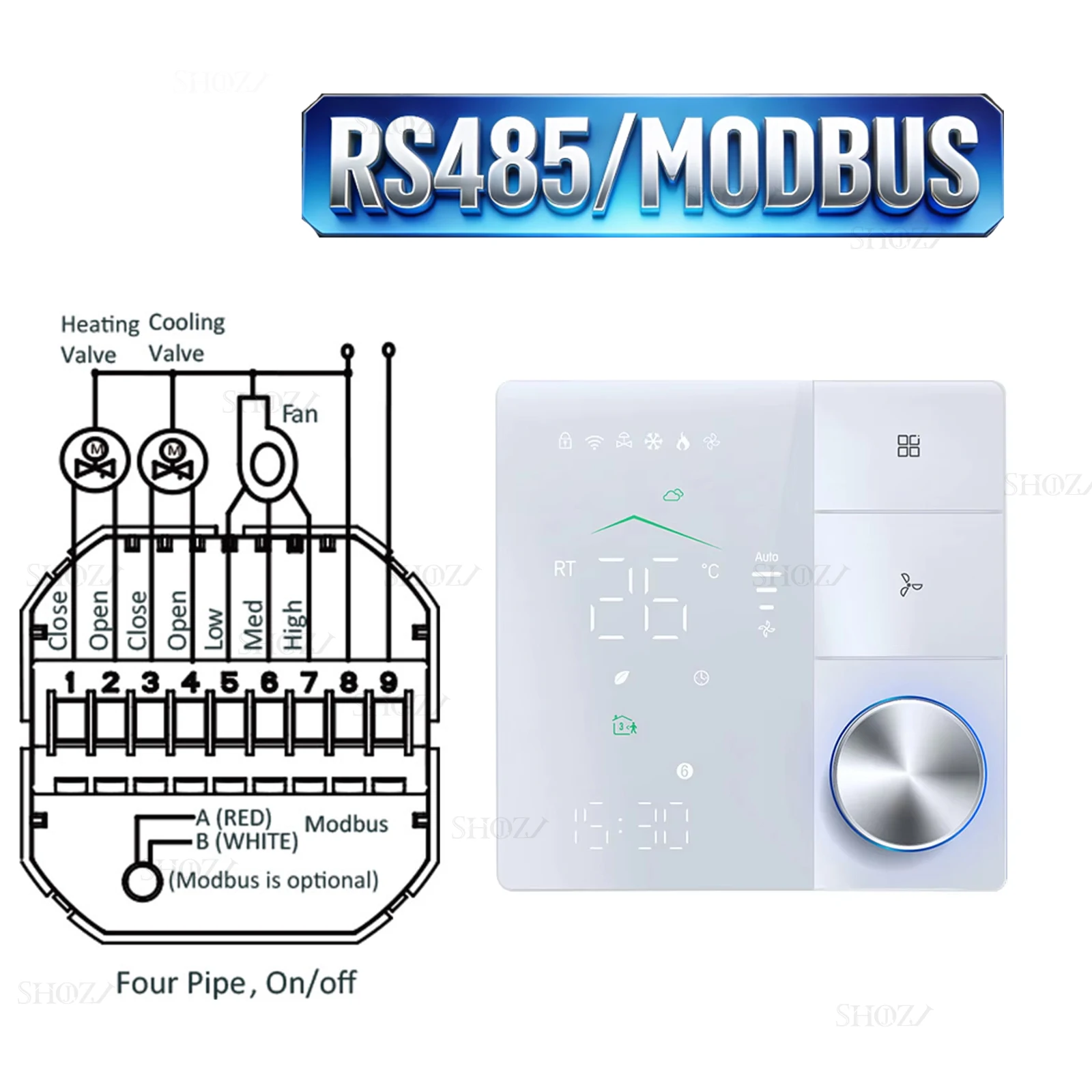 Zigbee/Wifi/RS485 Klimaatthermostaat voor Fan Coil Units, 2/4-Buis Verwarming/Koeling Temperatuurregelaar, Compatibel met Tuya Smart Life,Ondersteunt Alexa Google Home Assistant, kan Honeywell,