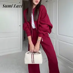 Fashion Round Neck Zipper Coat Top & Long Pant Suits Women Causal Long Sleeve Simple Loose Sport Outfits Elegant Solid 2Pc Sets