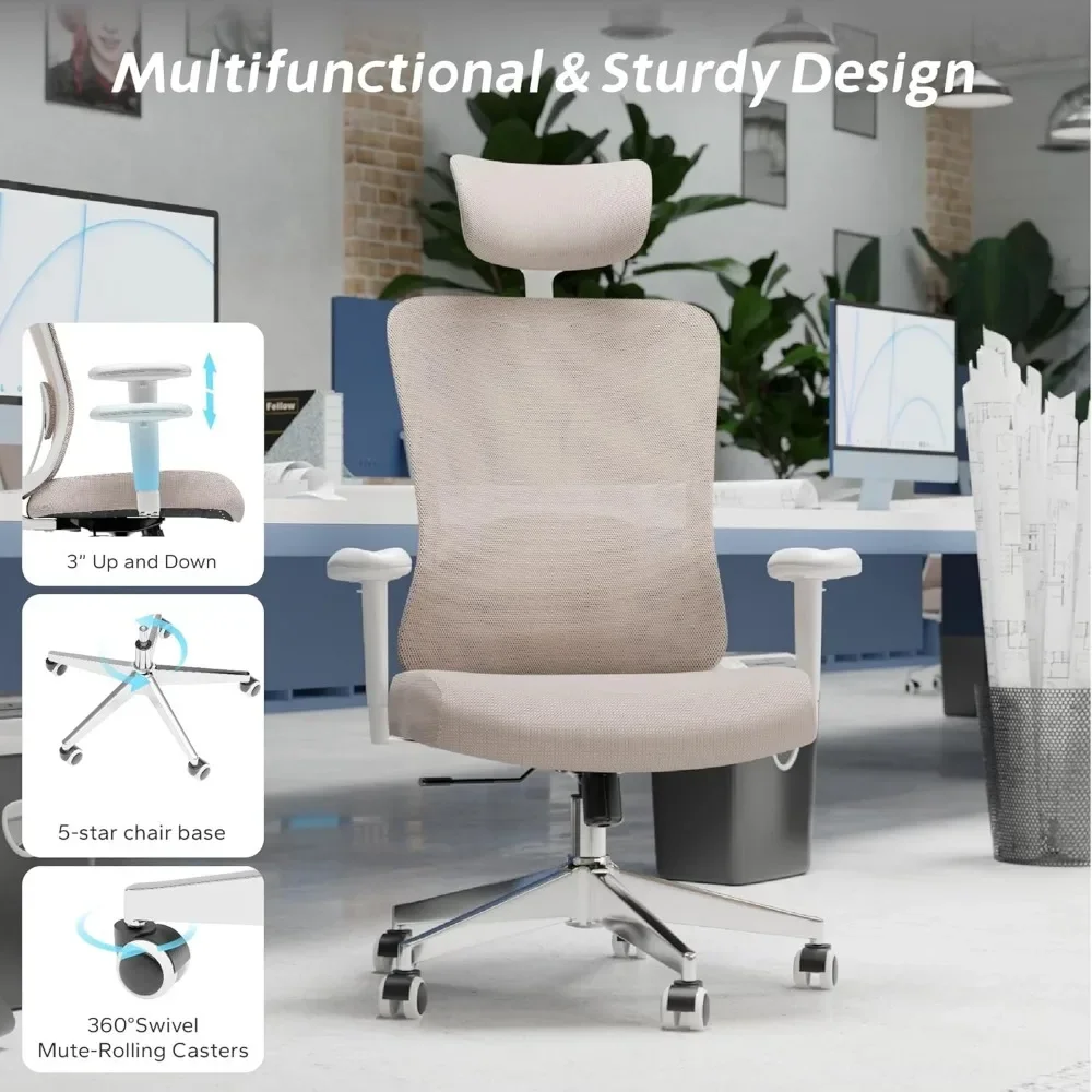 Silla ergonómica de escritorio para el hogar, asiento de escritorio de malla para ordenador, oficina en casa con reposacabezas ajustable y soporte Lumbar