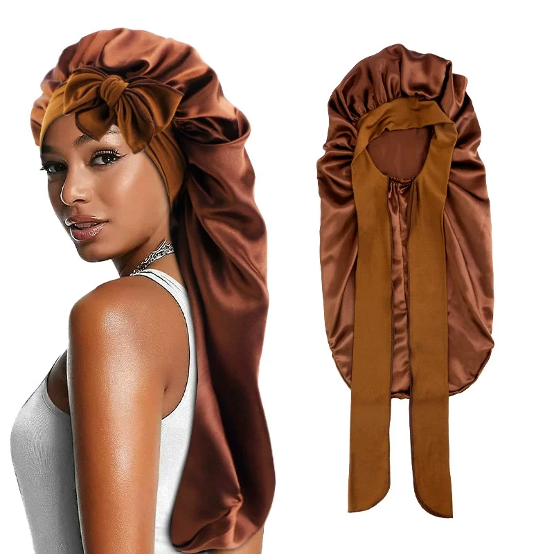 

New Women Satin Long Tube Sleep Cap With Tie Band Reusable Adjusting Hair Care Wrap Cap Sleep Caps Hair Bonnet for Braids Curly