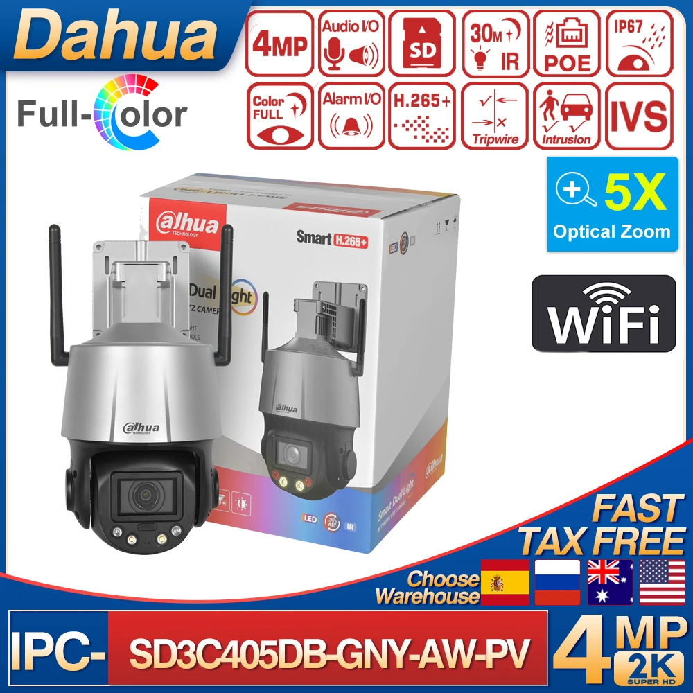 Original Dahua 4MP SD3C405DB-GNY-AW-PV 5X Zoom WiFi PTZ Camera Full Color Smart Light Alarm Security CCTV Built-in Siren Two-way