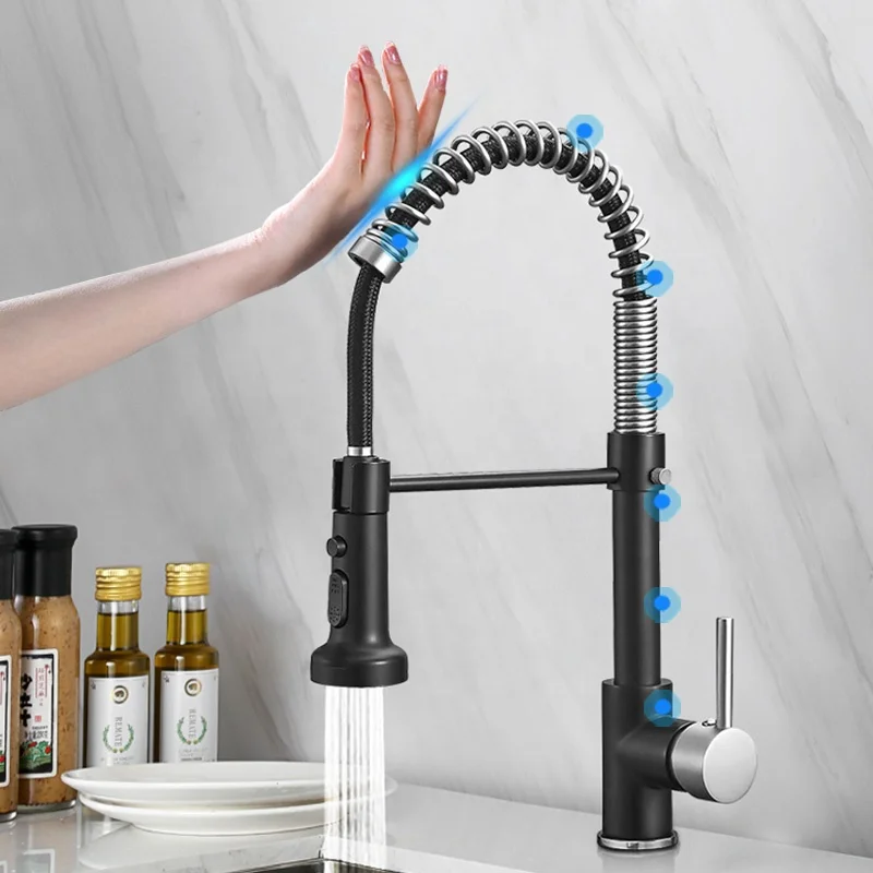 Küche wasserhahn sensoren schwarz messing automatische smart touch touchless küche wasserhähne pull unten spülbecken wasserhähne mit sensoren