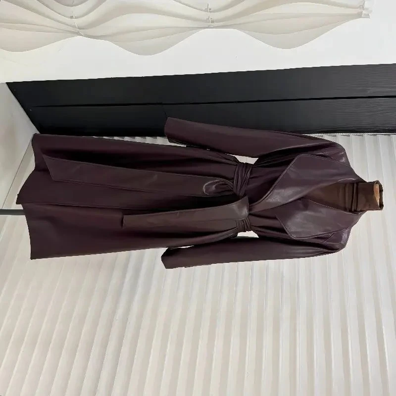Trend Lapel Long Leather Jacket Women Autumn Trench Coat Belt Long Sleeve Loose PU Leather Coat Luxury High Quality Outerwear