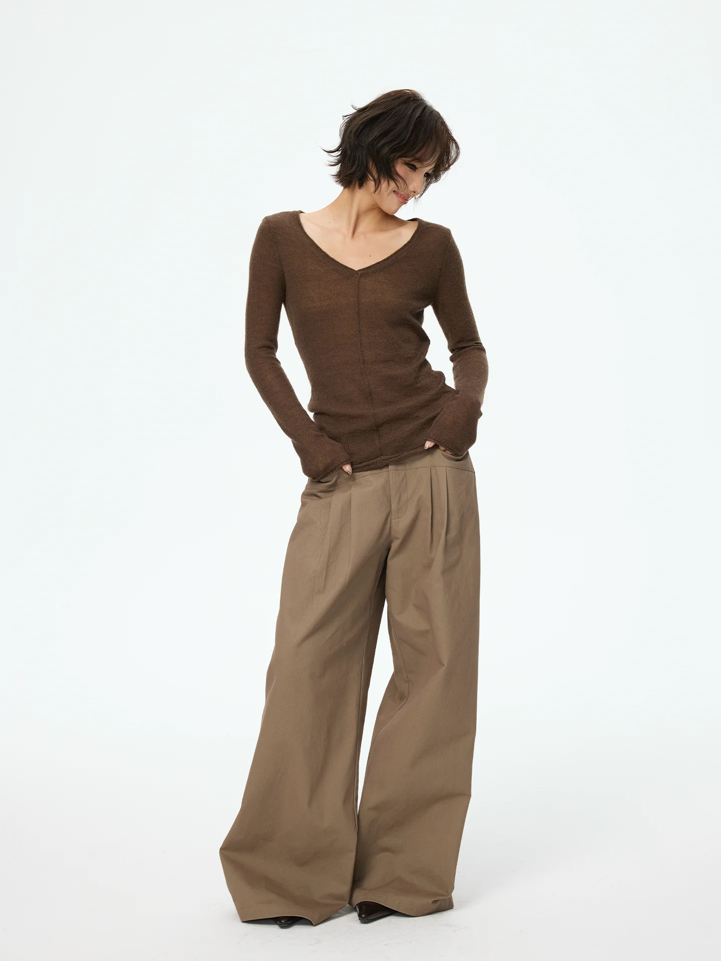 

Повседневный вязаный свитер Iteatoffice с V-образным вырезом из смесовой шерсти альпака, эффект утончения, коричневый цвет, для ношения под одеждой