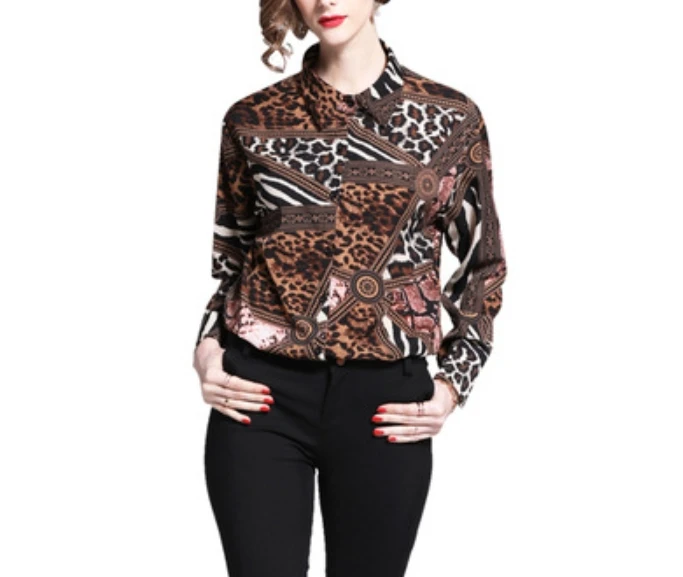 

Women's Patchwork Leopard Print Collared Long-Sleeve Shirt Light Fabric Button Front Stylish Top for Daily