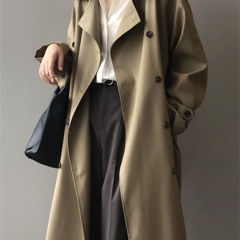 

Retro Khaki Trench Coat Women's Double Breasted Loose Drooping Korean Style Overcoat