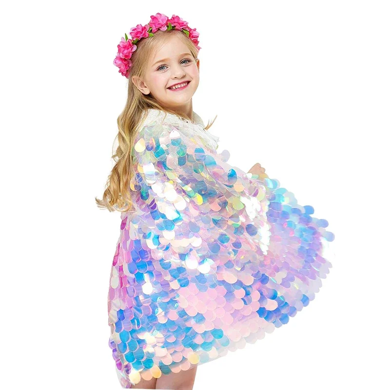 

Glitter Multicolor Sequins Shawl Shiny Fashion Girls Cloak Blingbling Fairy Princess Cape Christmas Party Halloween Kids Clothes