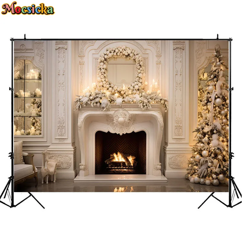 Fondo de fotografía de chimenea de Navidad para interiores, accesorios decorativos de invierno, árbol de Navidad, retrato familiar para niños, telones de fondo para estudio fotográfico