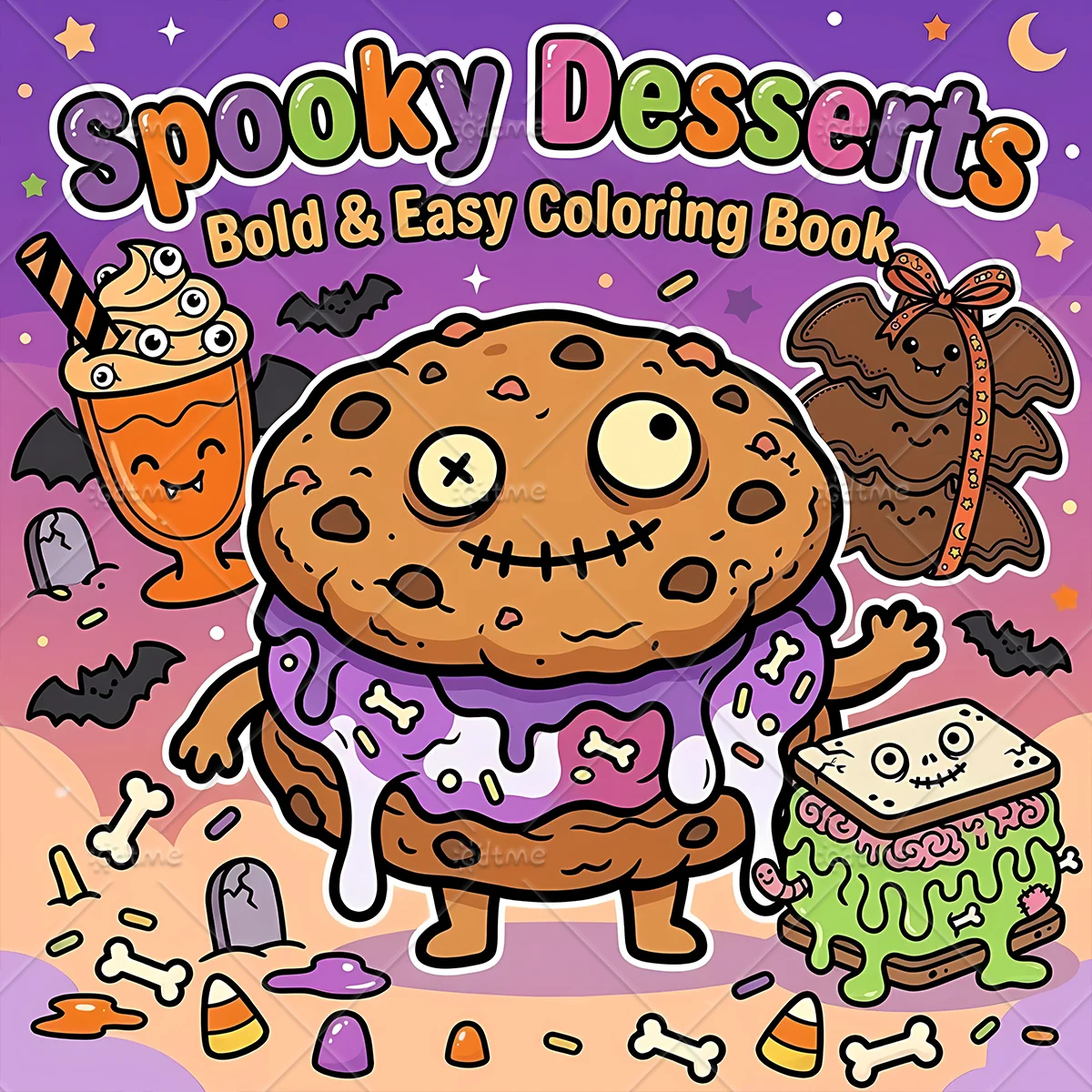 Spooky Desserts Adult Coloring Book, Large Print Halloween Monster Cookie Scenes,Stress Relief Relaxing Art Therapy Drawing Book