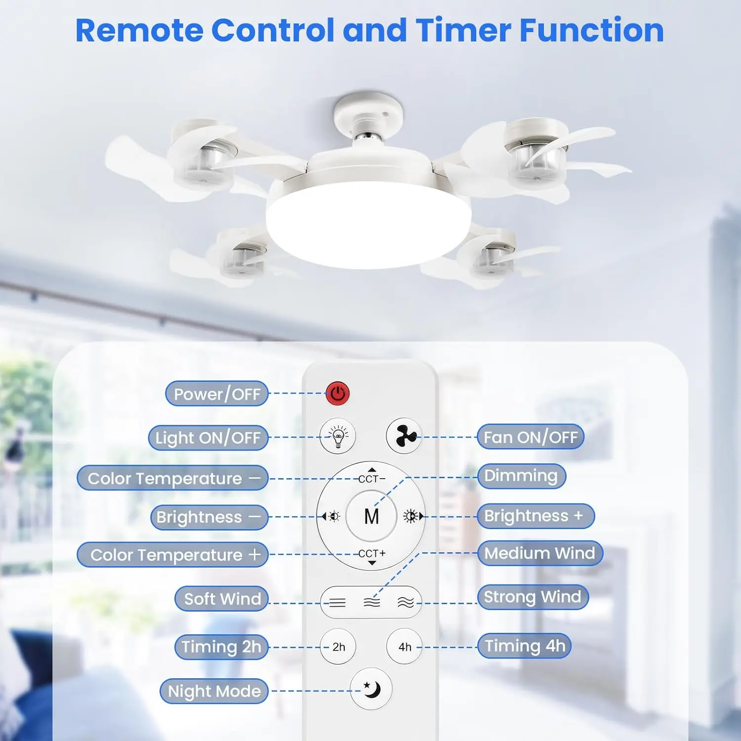 60W E27 Ceiling Fan With Lights And Remote Control 4 Heads LED Drone Modern Ceiling Fans Light Bulb 3 Speeds Dimmable Room Lamp
