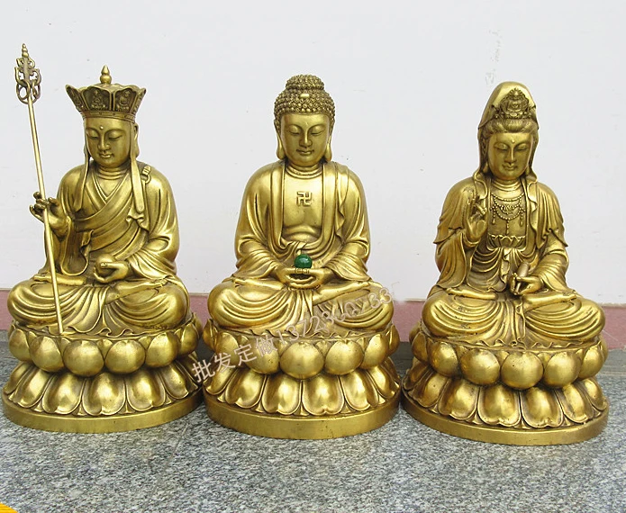

A SET 3p-large HOME SHOP Temple Lobby efficacious Protection GOOD luck Lotus Guanyin ksitigarbha Sakyamuni Buddha brass statue