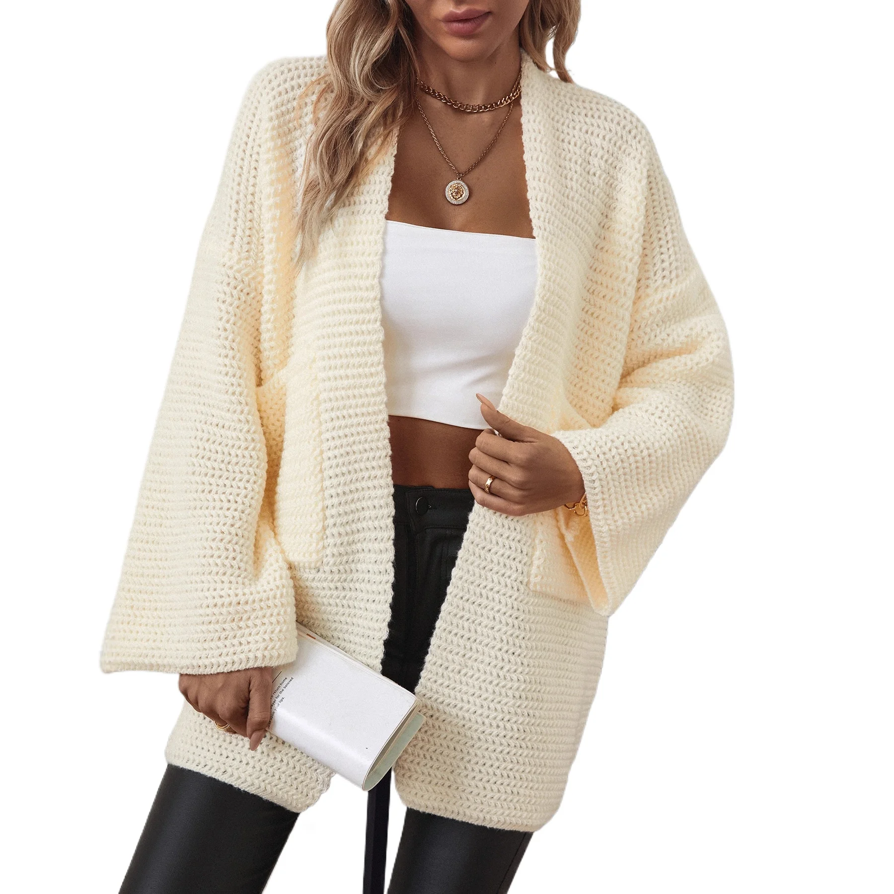 

Однотонный вязаный кардиган с карманами, зимний повседневный свободный свитер с длинными рукавами, европейская и американская женская одежда.