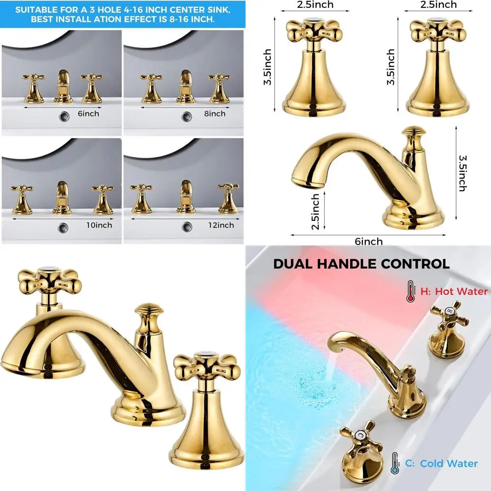 

Gold Vintage Widespread Faucet for 3-Hole Sink, Solid Brass, Drip-Free Ceramic, Adjustable 8-16 Inch