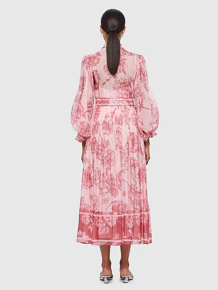 Bohemian Dresses Women's Spring High Quality Fashion Party Print Casual Travel Chic Beach Bow Belt Pretty Long Sleeve Midi Dress