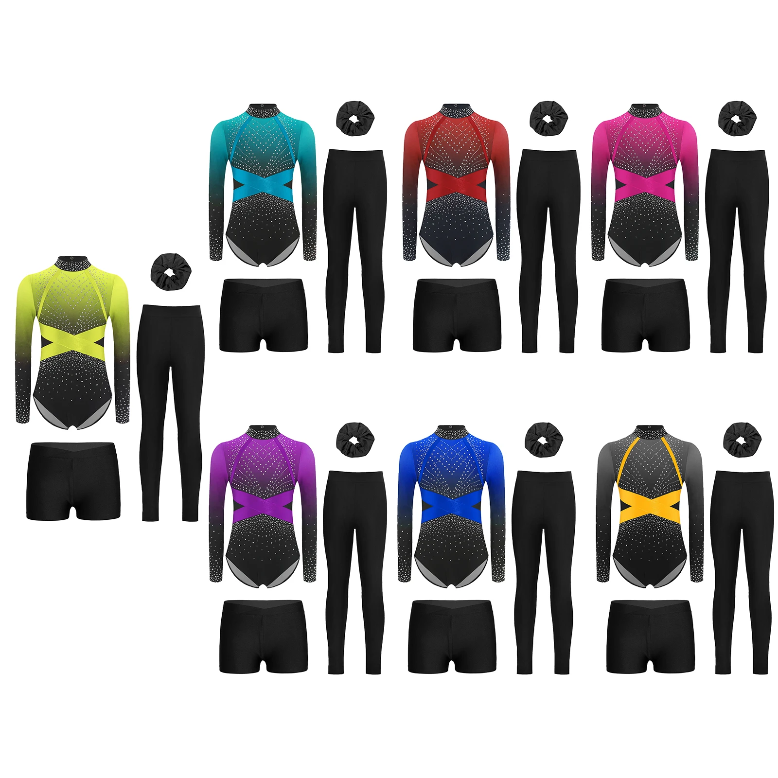 Kinder Mädchen Farbblock-Ballett-Tanz-Outfits, glänzender Strass-Trikot mit V-Bund vorne, Shorts, Leggings, Kopfbedeckung