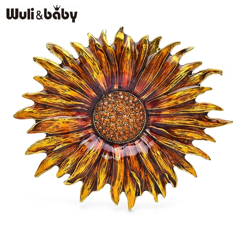 Wuli&baby Enamel Brown Sunflower Brooch Pins with Melon Seeds Rhinestone For Women Plant Jewelry 2025 Accessory Gift