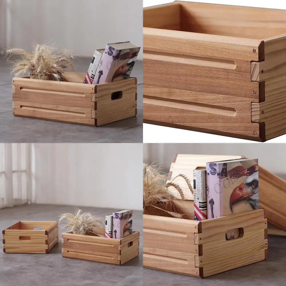 

Set of 4 Wooden Storage Bins: 16x12x6.25, Sturdy Open-Top Boxes with Handles, Rustic Decorative Baskets for Home Organization