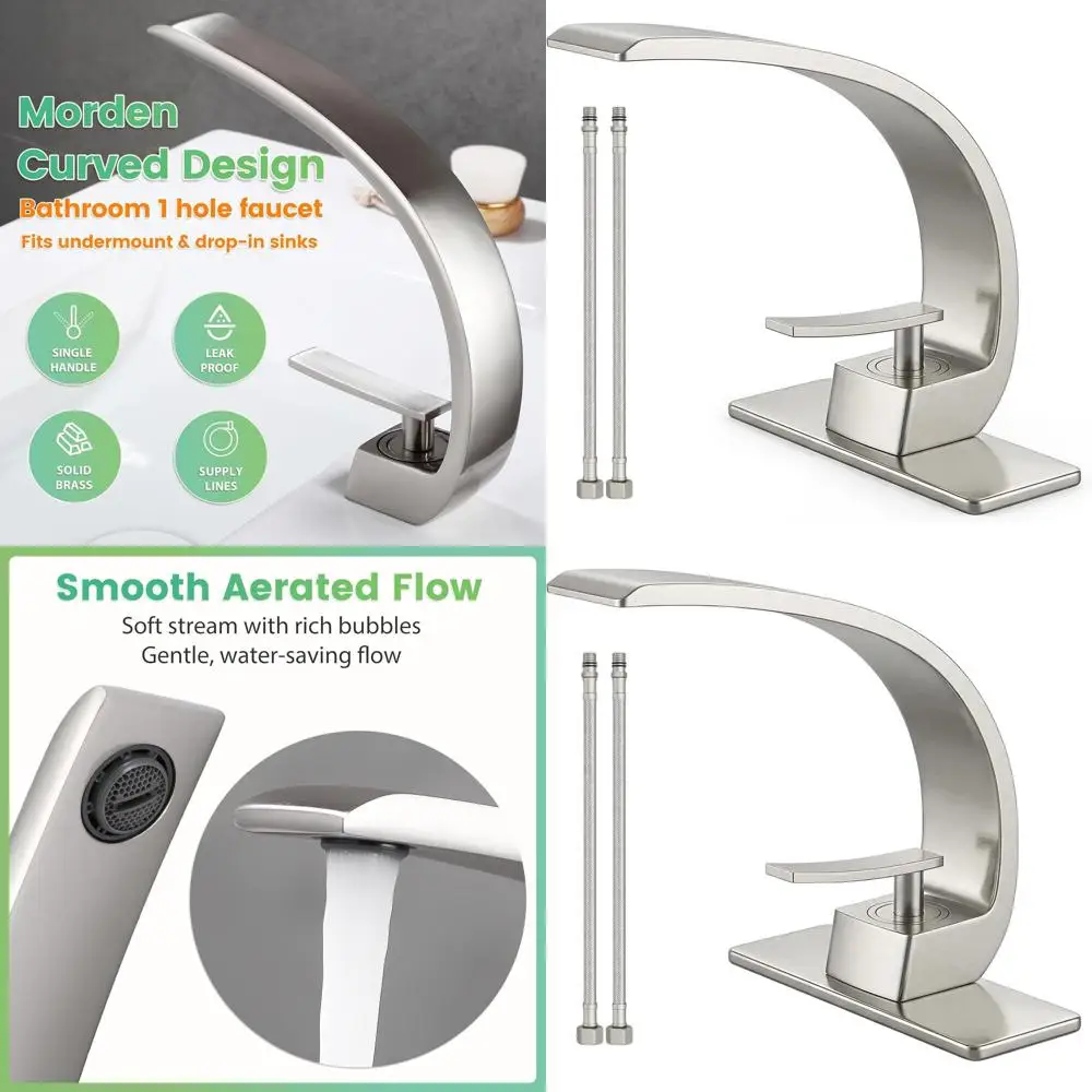 

Современный смеситель для раковины из матового никеля с одним отверстием и 1 ручкой из матового никеля и изогнутым изливом