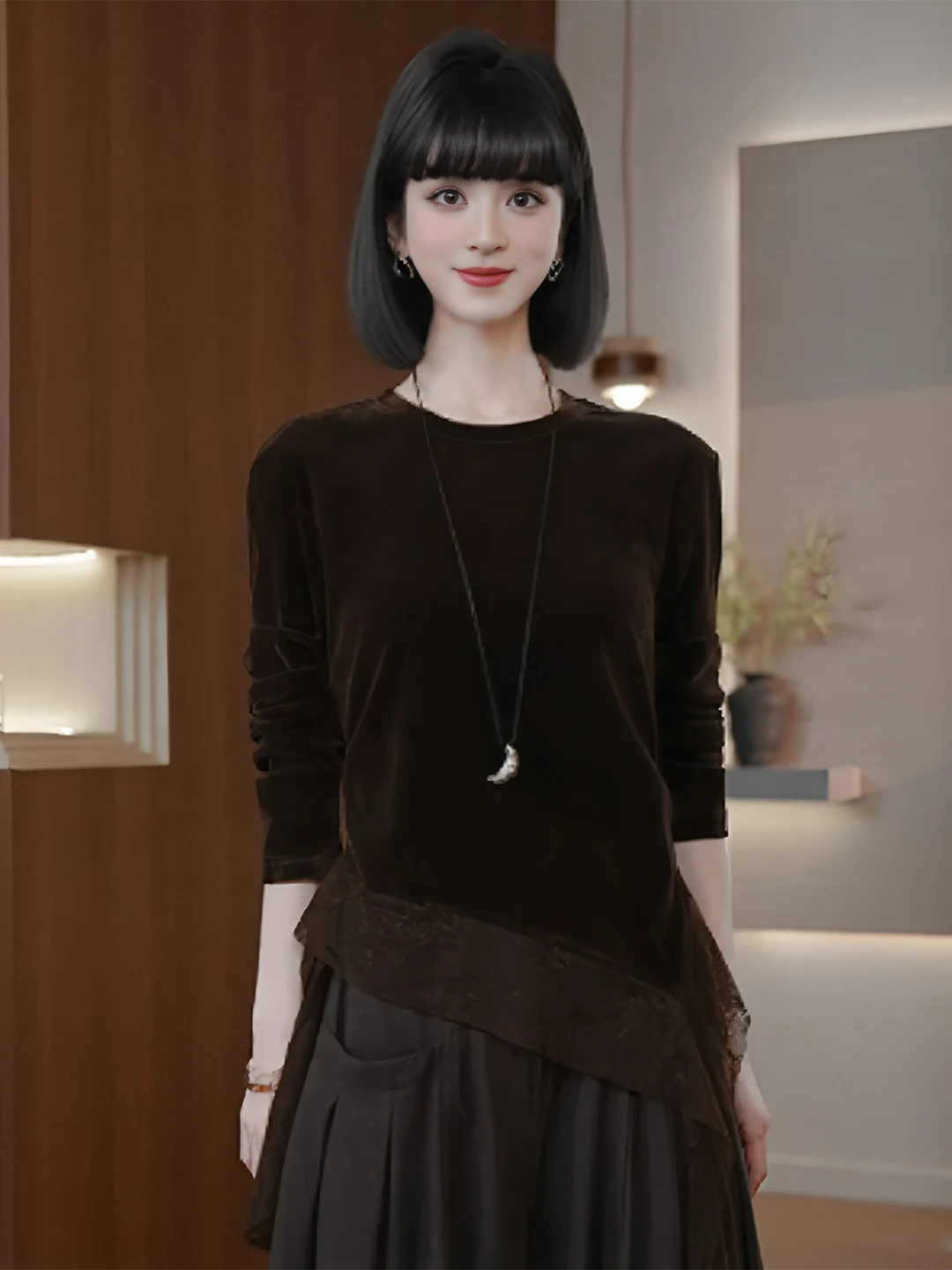plus Size Lace Trim Velvet Long Sleeve Women's T-Shirt Waist Cinching Asymmetrical Early Autumn Style Cleanfit No Brand Regis...