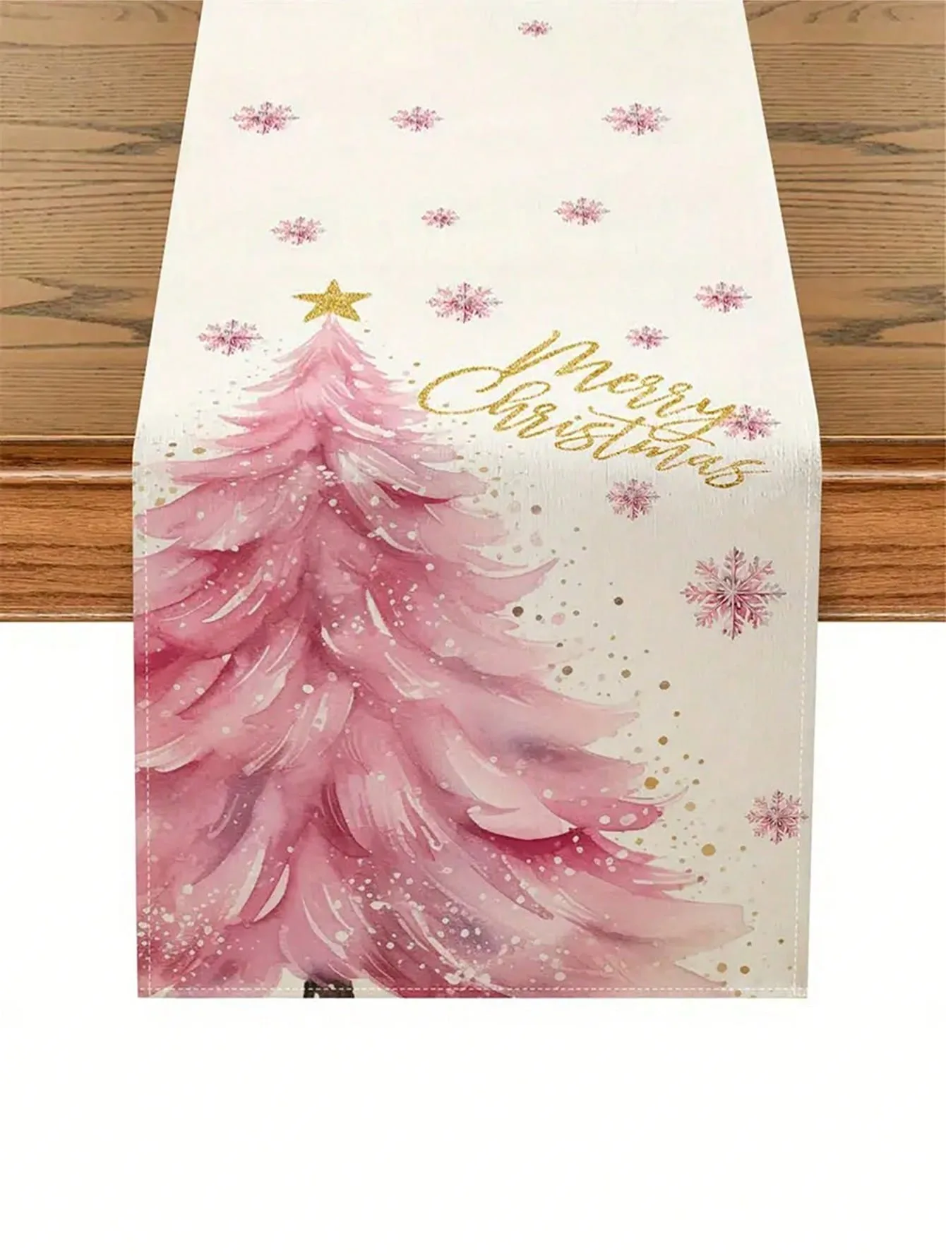 

Merry Christmas And Pink Christmas Tree. The Festive Christmas Table Is Perfect For Holiday Dining And Home Decoration