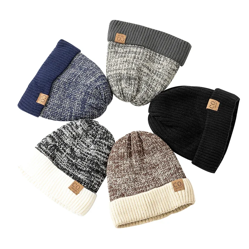 Unisex Two-Tone Winter Hat Add Fur Lined Men Women Warm Beanie Caps Casual Winter Thickened Velvet To Keep Warm Knitted Hats